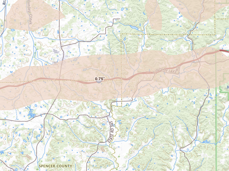 Radar-estimated hail-size map of the storm over Ferdinand, IN on May 16, 2026
