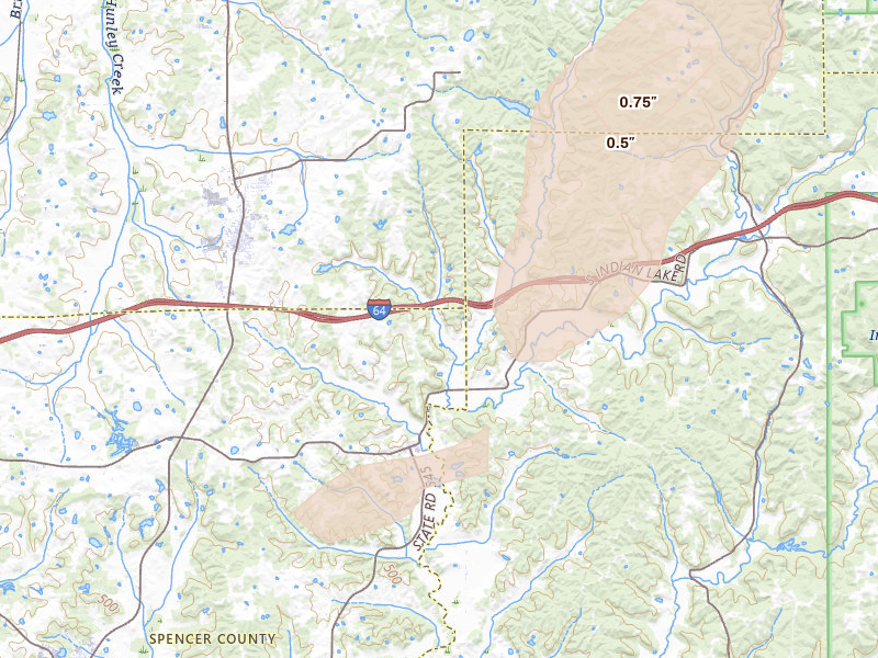 Radar-estimated hail-size map of the storm over Ferdinand, IN on May 19, 2026