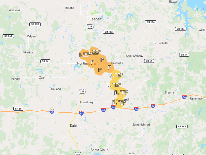 Hail map of Ferdinand, IN on Jul 21, 2026, hail up to 1.25"