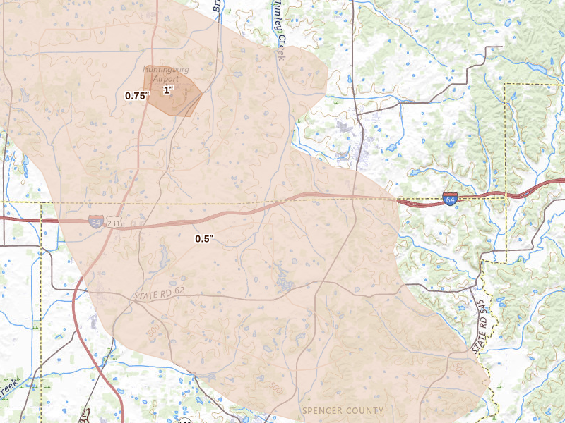 Radar-estimated hail-size map of the storm over Ferdinand, IN on Aug 12, 2026