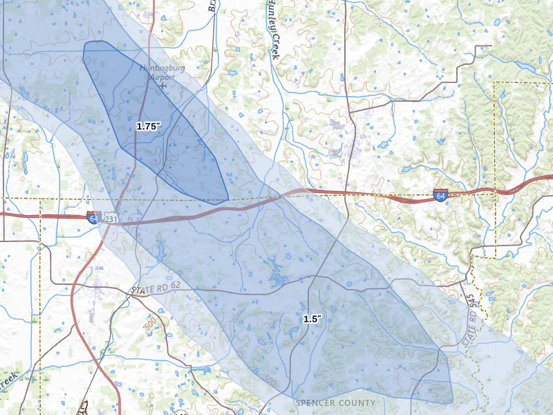 NEXRAD radar-signature map of the hail storm over Ferdinand, IN on Aug 12, 2026