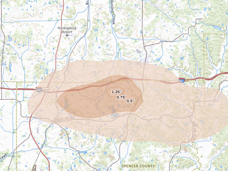 Radar-estimated hail-size map of the storm over Ferdinand, IN on Aug 16, 2026