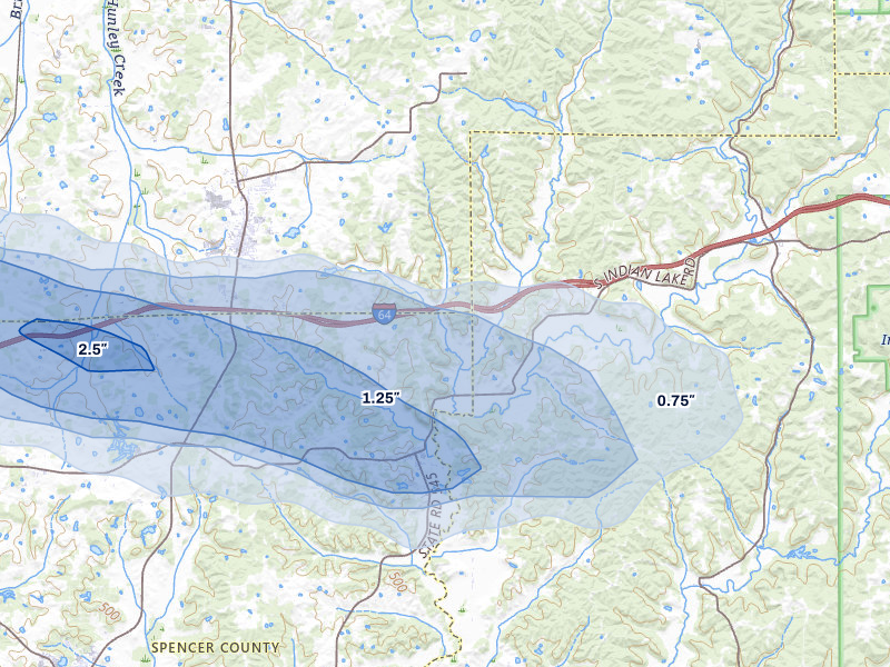 NEXRAD radar-signature map of the hail storm over Ferdinand, IN on Aug 16, 2026