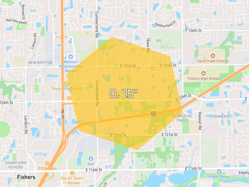 Hail map of Fishers, IN on Jul 4, 2026, hail up to 0.75"