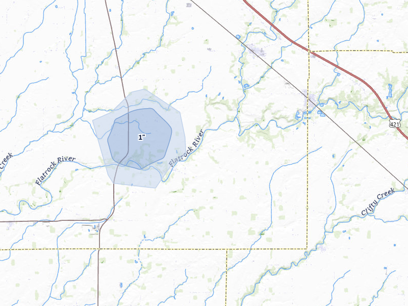 NEXRAD radar-signature map of the hail storm over Flat Rock, IN on Aug 1, 2026