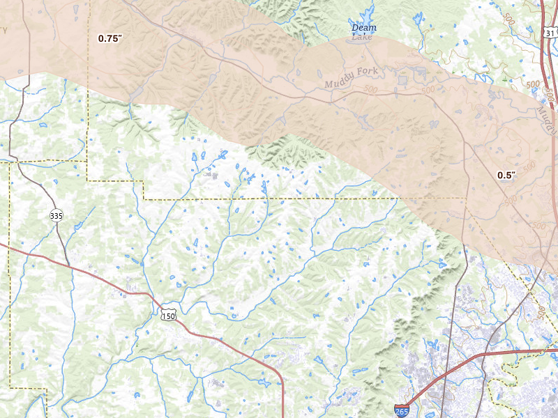 Radar-estimated hail-size map of the storm over Floyds Knobs, IN on Jul 21, 2026