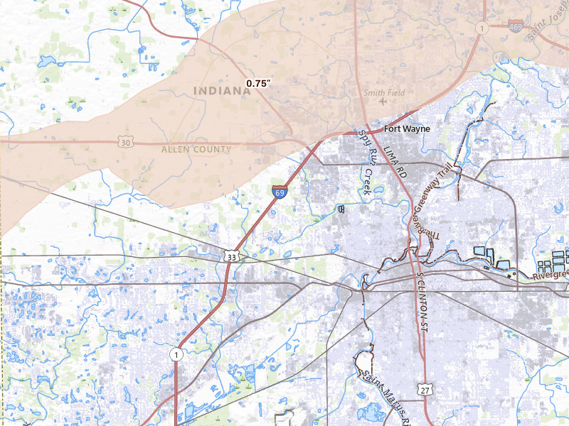 Radar-estimated hail-size map of the storm over Fort Wayne, IN