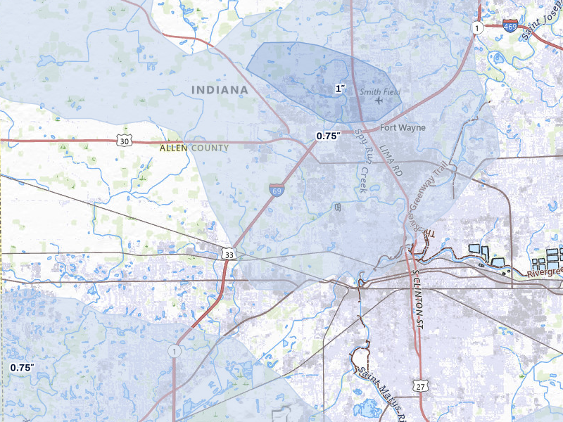 NEXRAD radar-signature map of the hail over Fort Wayne, IN