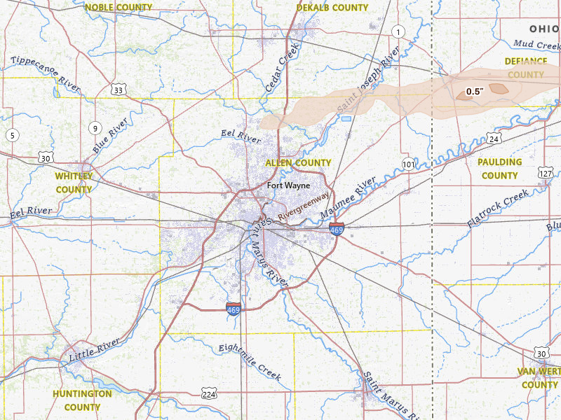 Radar-estimated hail-size map of the storm over Fort Wayne, IN on Apr 15, 2026