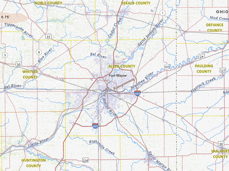 Radar-estimated hail-size map of the storm over Fort Wayne, IN on Apr 22, 2026