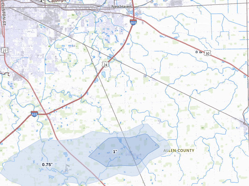 NEXRAD radar-signature map of the hail storm over Fort Wayne, IN on Jun 5, 2026