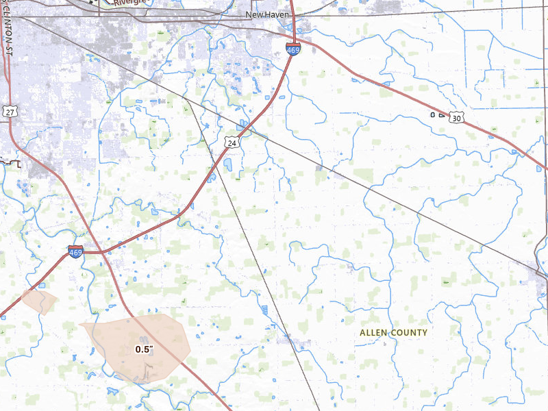 Radar-estimated hail-size map of the storm over Fort Wayne, IN on Jun 6, 2026