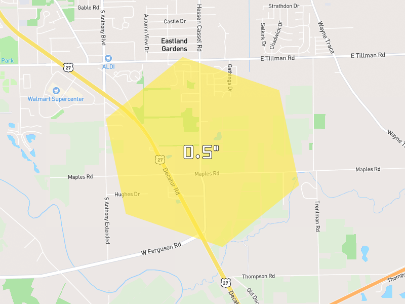 Hail map of Fort Wayne, IN on Jul 3, 2026, hail up to 0.5"