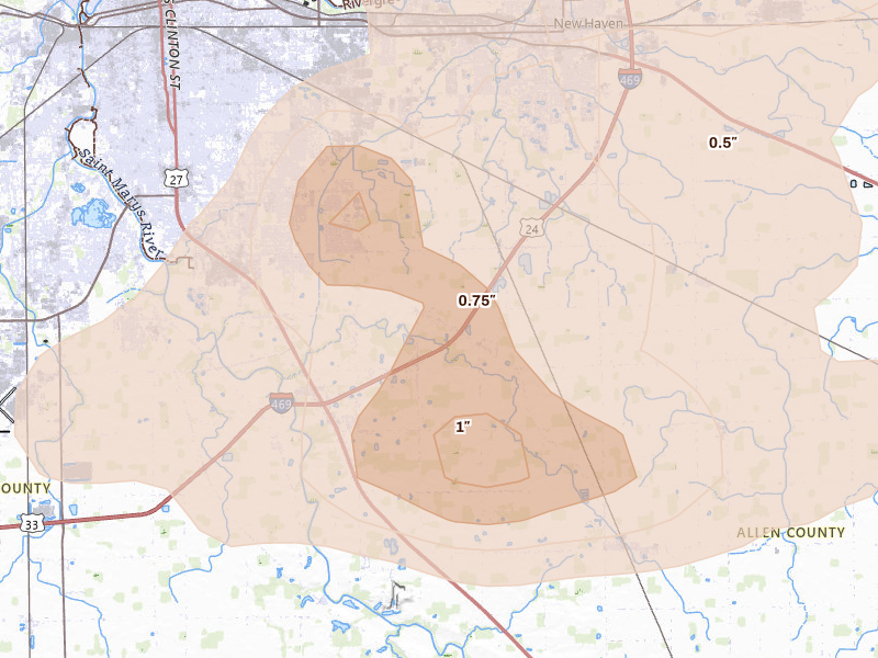 Radar-estimated hail-size map of the storm over Fort Wayne, IN on Aug 9, 2026