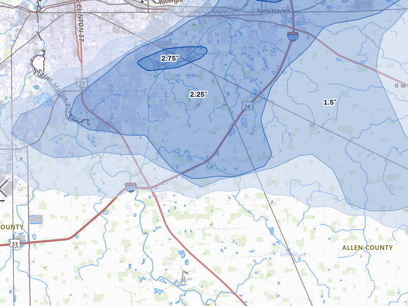 NEXRAD radar-signature map of the hail storm over Fort Wayne, IN on Aug 9, 2026