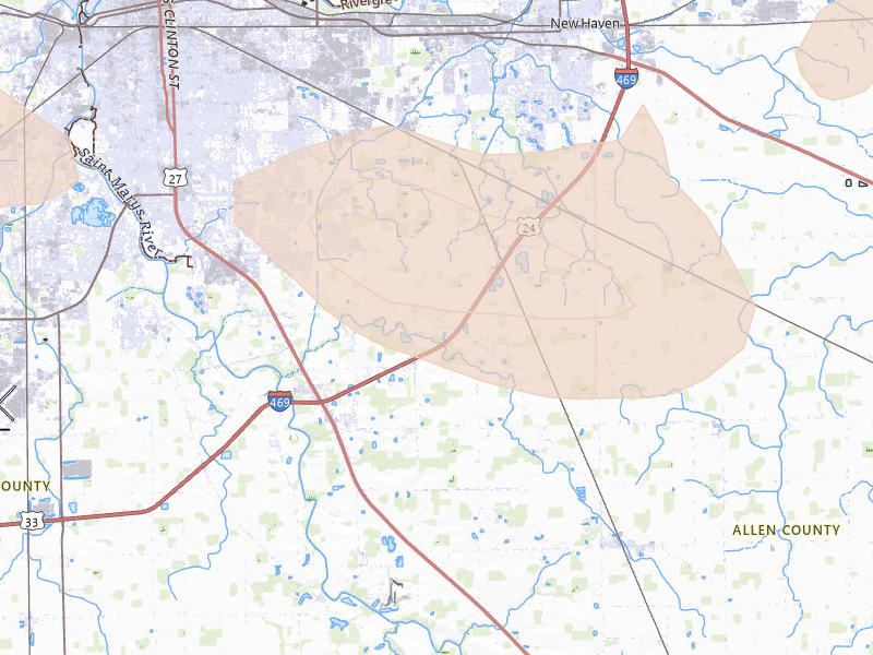 Radar-estimated hail-size map of the storm over Fort Wayne, IN on Aug 10, 2026