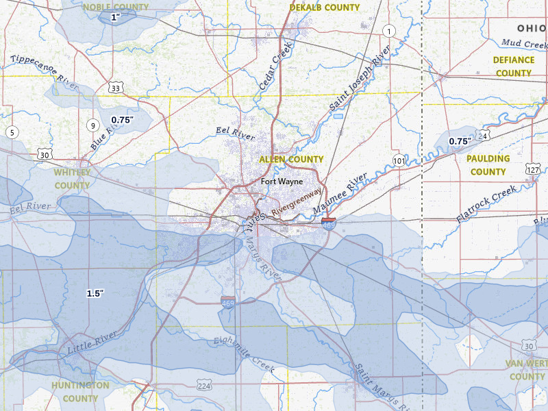 NEXRAD radar-signature map of the hail storm over Fort Wayne, IN on Aug 10, 2026