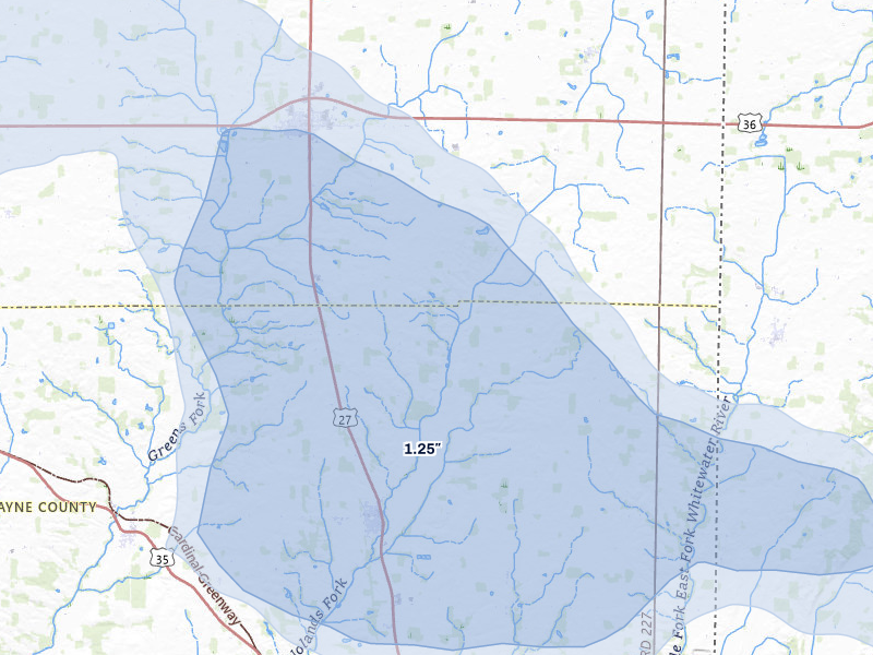 NEXRAD radar-signature map of the hail storm over Fountain City, IN on Mar 22, 2026