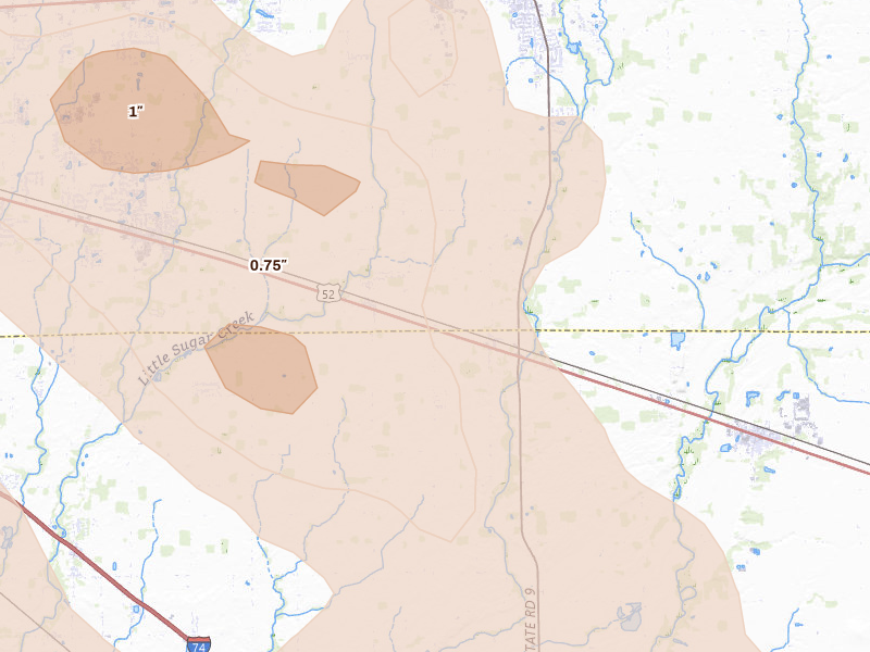 Radar-estimated hail-size map of the storm over Fountaintown, IN on Aug 11, 2026