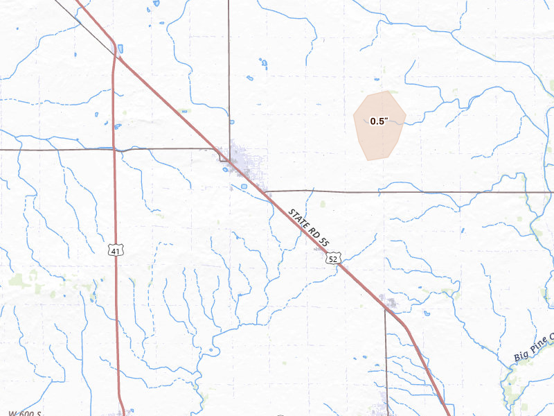 Radar-estimated hail-size map of the storm over Fowler, IN on Jun 25, 2026