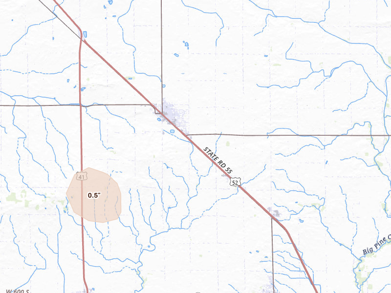 Radar-estimated hail-size map of the storm over Fowler, IN on Jul 12, 2026
