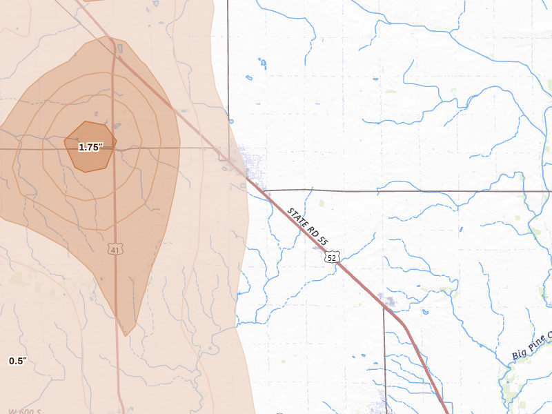 Radar-estimated hail-size map of the storm over Fowler, IN on Jul 27, 2026