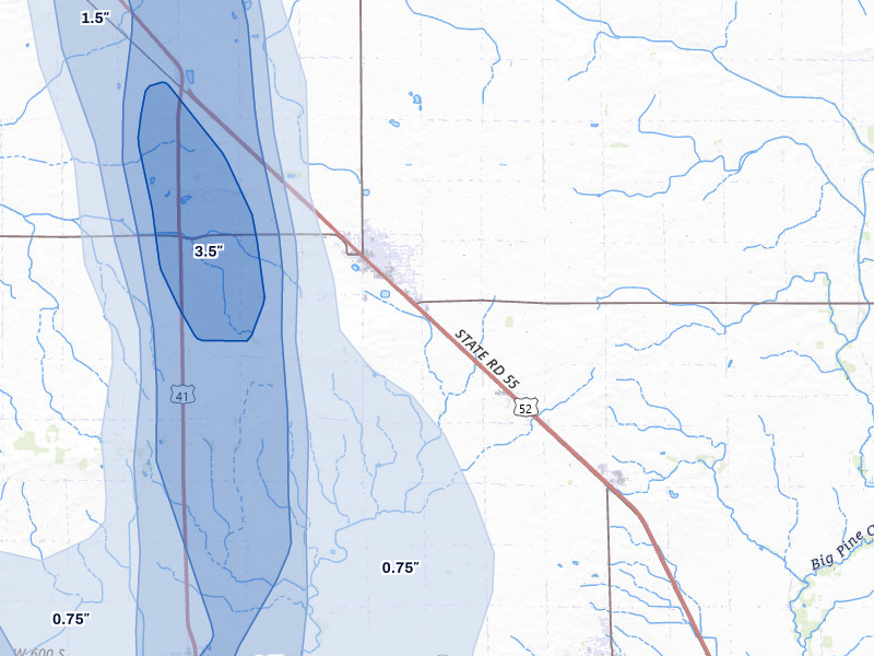 NEXRAD radar-signature map of the hail storm over Fowler, IN on Jul 27, 2026