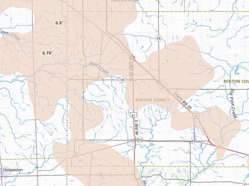 Radar-estimated hail-size map of the storm over Fowler, IN on Aug 9, 2026