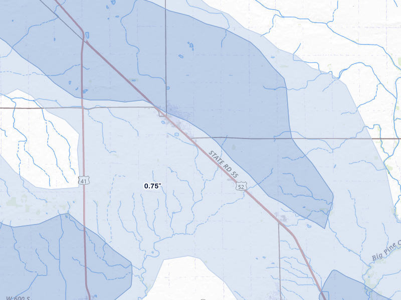 NEXRAD radar-signature map of the hail storm over Fowler, IN on Aug 9, 2026