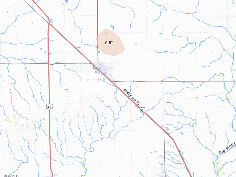 Radar-estimated hail-size map of the storm over Fowler, IN on Aug 11, 2026