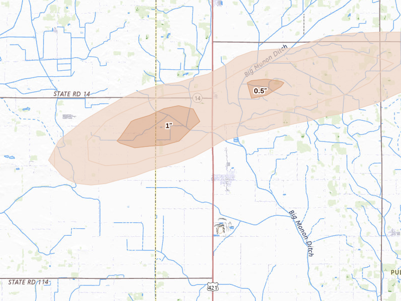 Radar-estimated hail-size map of the storm over Francesville, IN on Feb 19, 2026