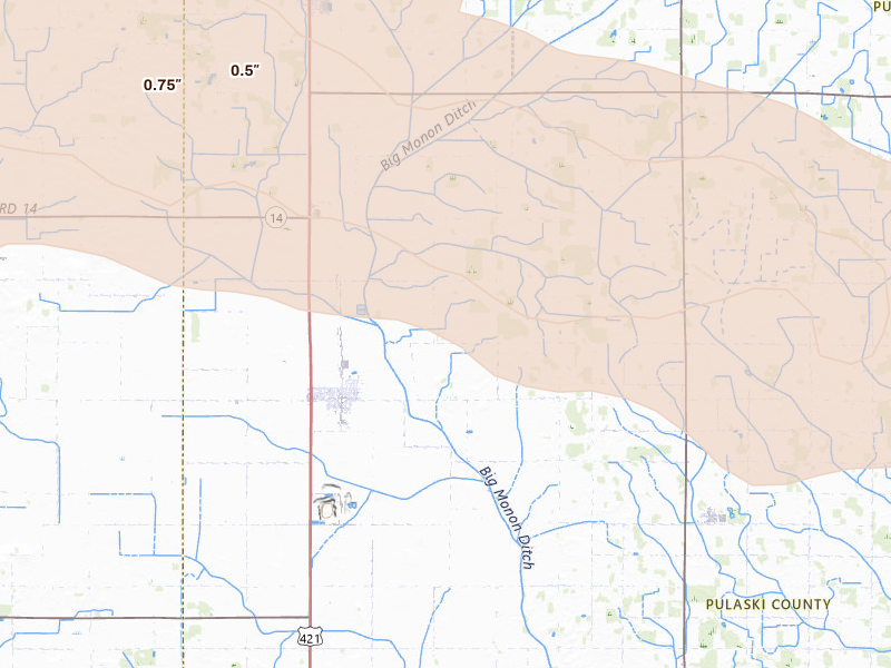Radar-estimated hail-size map of the storm over Francesville, IN on Aug 11, 2026