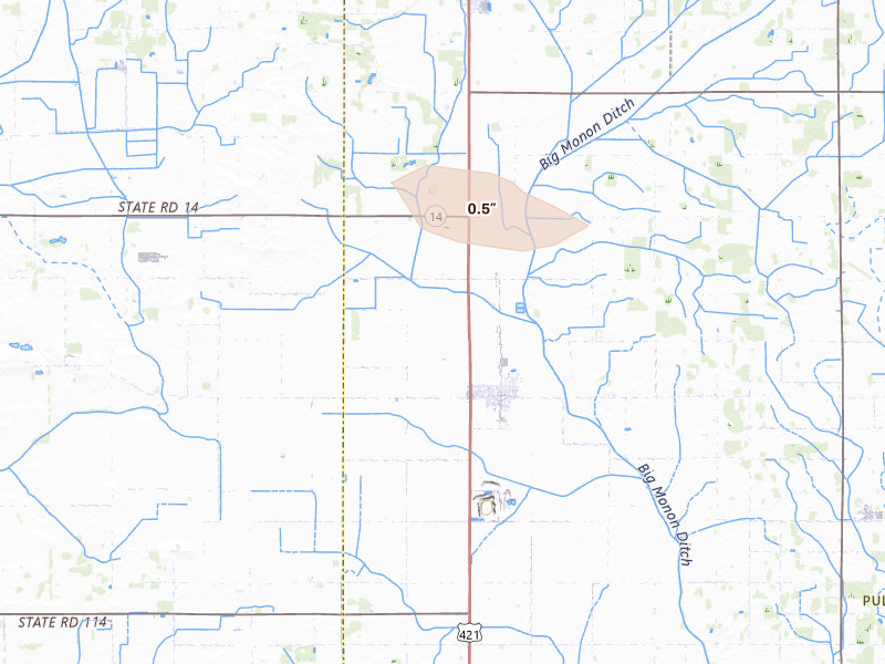 Radar-estimated hail-size map of the storm over Francesville, IN on Aug 12, 2026