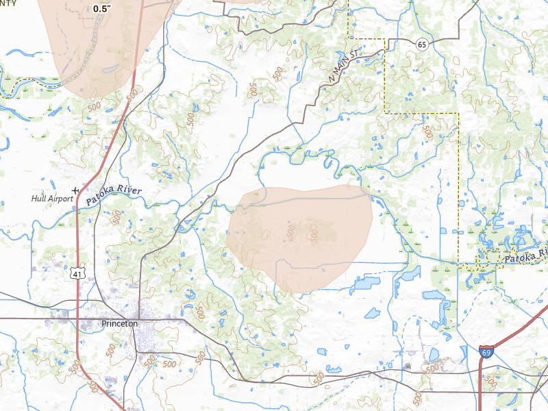 Radar-estimated hail-size map of the storm over Francisco, IN on Apr 27, 2026