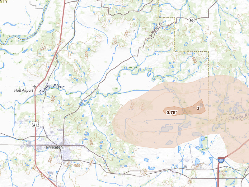 Radar-estimated hail-size map of the storm over Francisco, IN on Jun 27, 2026