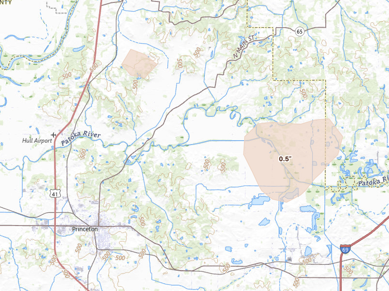 Radar-estimated hail-size map of the storm over Francisco, IN on Jul 9, 2026
