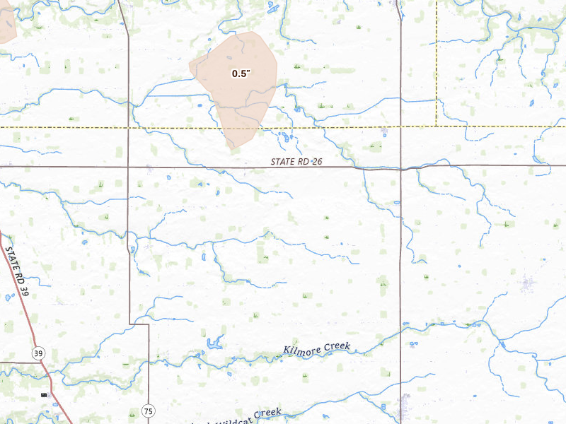 Radar-estimated hail-size map of the storm over Frankfort, IN on Jun 6, 2026