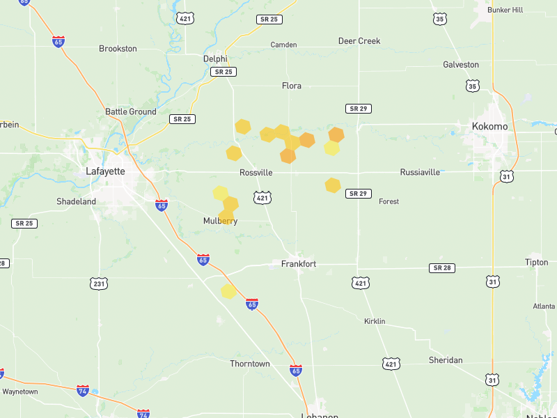 Hail map of Frankfort, IN on Jun 6, 2026, hail up to 1"