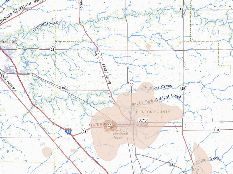 Radar-estimated hail-size map of the storm over Frankfort, IN on Aug 11, 2026
