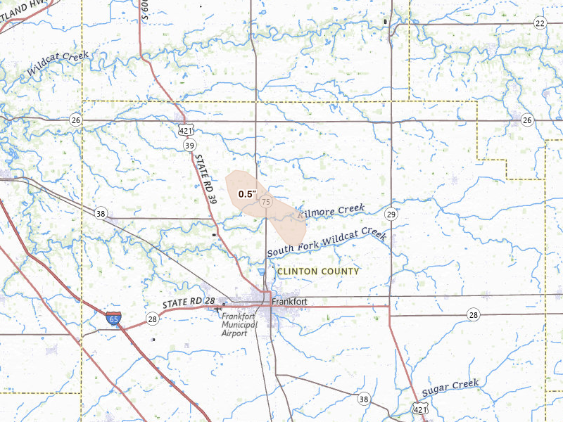 Radar-estimated hail-size map of the storm over Frankfort, IN on Aug 19, 2026