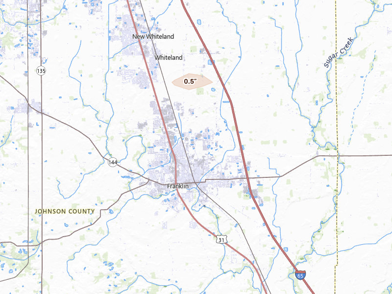 Radar-estimated hail-size map of the storm over Franklin, IN on Apr 3, 2026
