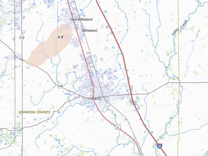 Radar-estimated hail-size map of the storm over Franklin, IN on Jul 3, 2026