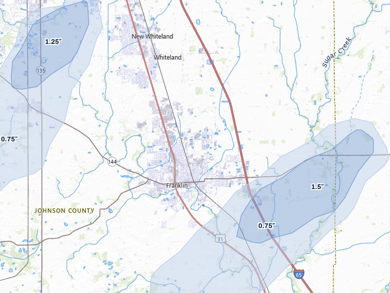 NEXRAD radar-signature map of the hail storm over Franklin, IN on Jul 3, 2026