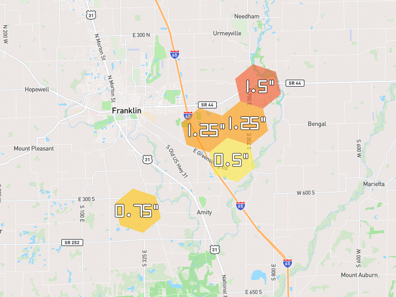 Hail map of Franklin, IN on Jul 3, 2026, hail up to 1.5"