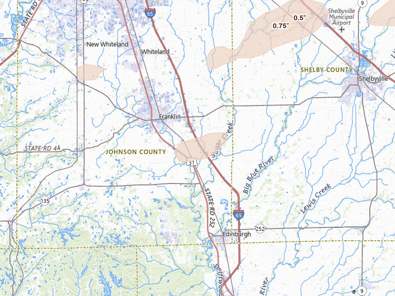 Radar-estimated hail-size map of the storm over Franklin, IN on Aug 7, 2026