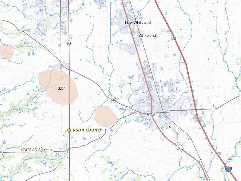 Radar-estimated hail-size map of the storm over Franklin, IN on Aug 11, 2026
