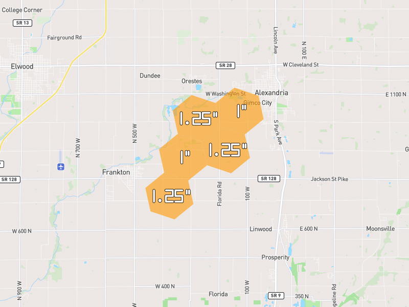 Hail map of Frankton, IN on Jul 3, 2026, hail up to 1.25"