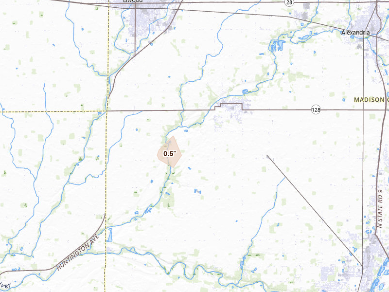 Radar-estimated hail-size map of the storm over Frankton, IN on Aug 12, 2026