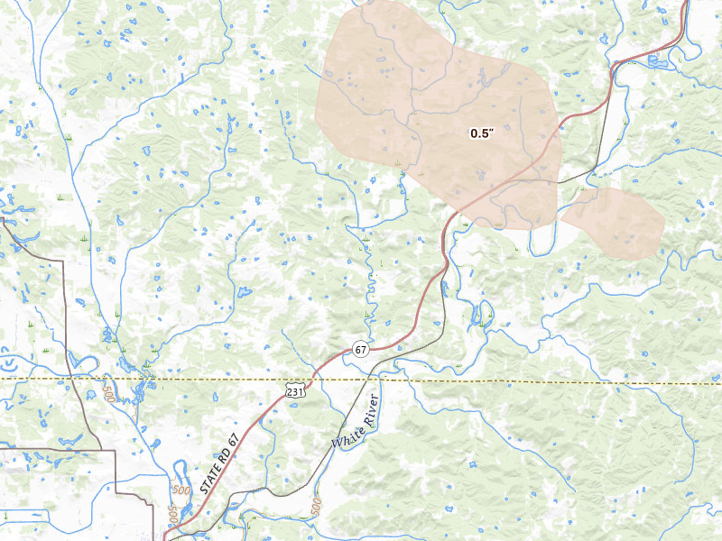 Radar-estimated hail-size map of the storm over Freedom, IN on Aug 19, 2026