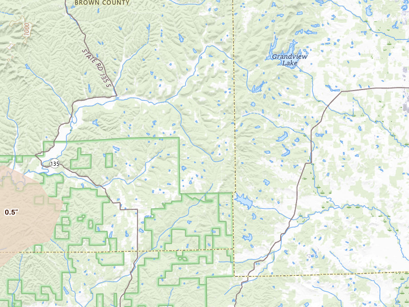 Radar-estimated hail-size map of the storm over Freetown, IN on Jul 3, 2026
